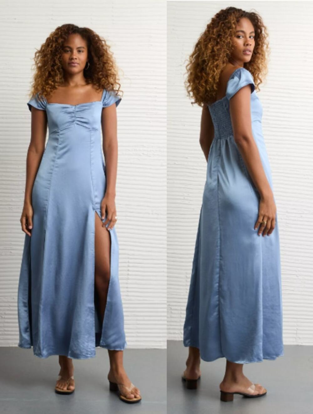 NWT American Eagle Satin Maxi Dress Small Blue Sweetheart Off-Shoulder Smocked
